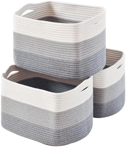 ICERZCZ Storage Baskets for Organizing Shelves, Woven Cotton Rope Baskets for Storage Books Towels Toys, Organizing Baskets, Toy Basket for Nursery Bathroom, 15"x11"x9.5", 3 Packs, Gradient Grey by ICERZCZ
