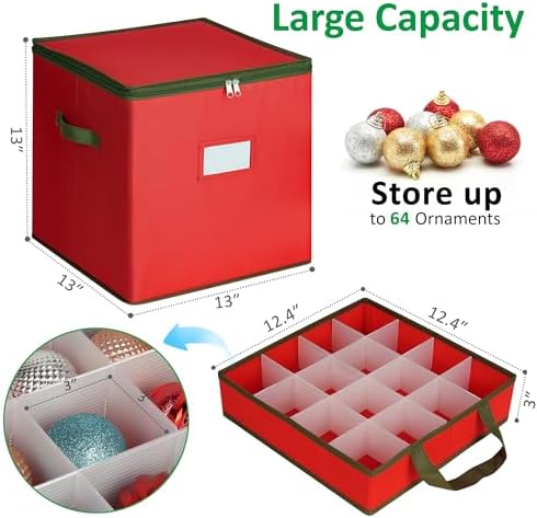 Christmas Ornament Storage Box, Ornament Storage Include 4 Trays with Adjustable Dividers, Ornament Organizer with Handle Store Up to 64 Holiday Ornaments, Red - Image 4