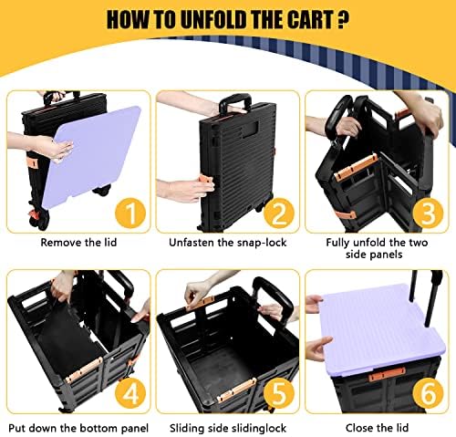 Foldable Utility Cart Portable Rolling Crate Handcart Shopping Trolley Collapsible Tool Box with Rotate Wheels Durable Duty Plastic Telescoping Handle Lid for Travel Move Office School(Purple) - Image 6