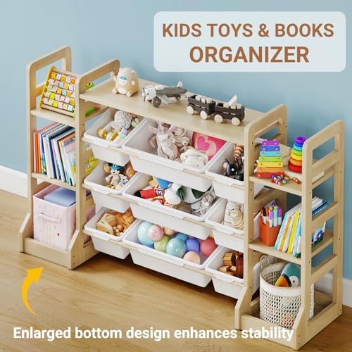 Toy Storage Organizer with 6 Bookshelf and 9 Bins, Solid Wood - Image 5