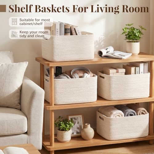 OIASKET 4Packs Natural Cotton Rope Storage Baskets for Organizing Toys, Clothes, Towels & Books, Soft Versatile Organizers for Shelves, Home Decorative Bins, 15.7''Lx11.8''Wx7.8''H, White - Image 3