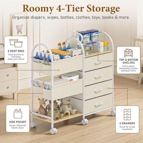 Baby Organizer and Storage Cart, 4-Tier Rolling Utility Cart with Wheels, Dividers and Drawers, Easy to Assemble for Nursery, Bedroom & Changing Table, White - Image 4