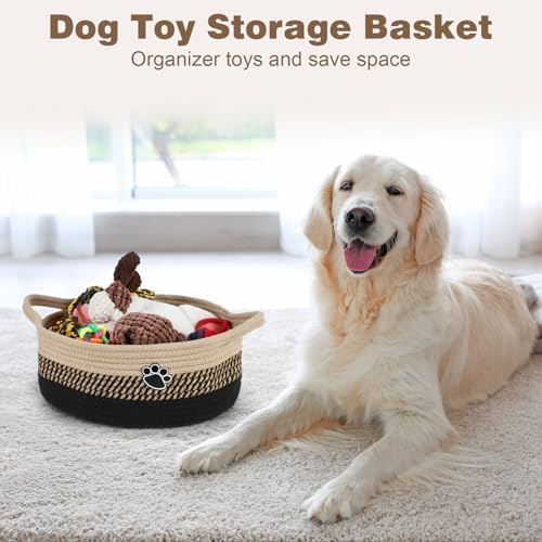 Optish Dog Toy Basket, Toy Box and Bin for Dog Cat Storage, 13.5" X 11" X 5" Small Woven Rope Basket for Baby Storage, Closet, Living Room, Brown & Black - Image 2