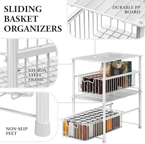 Simple Houseware Wired Stackable Under Sink Cabinet Sliding Basket, White - Image 4