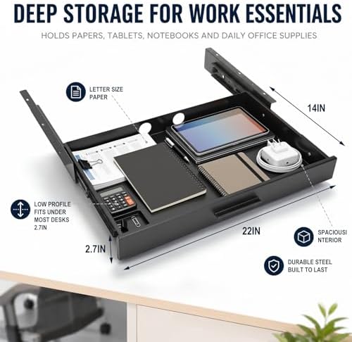 Menkxi 22 x 14 in Under Desk Drawer,Slide out Storage Organizer Heavy Duty - Image 2