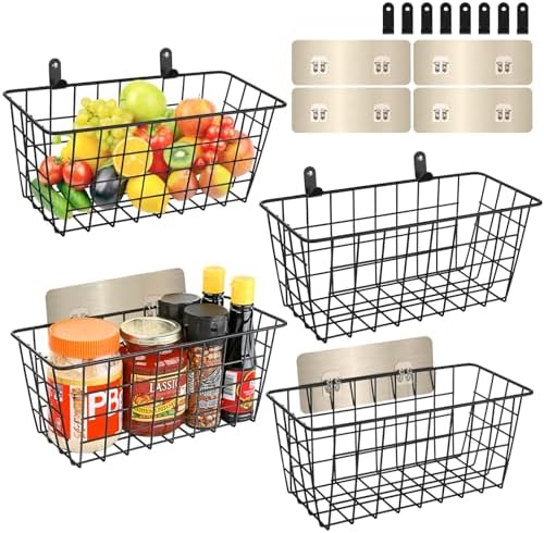 4 Pack Hanging Wall Basket Wire Storage Baskets, Adhesive Basket for Cabinet Door Organizer(2 Wall Mounting Options), Hanging Fruit Baskets for Kitchen, Pantry Organization, Bathroom, Black by Ptinyiv