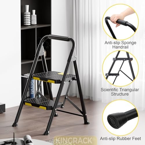 KINGRACK 2 Step Ladder, Sturdy Steel Step Stool with Safe-Lock Design, Handrail, Anti-Slip Wide Pedals, Pass 800lbs Load Testing, Folding Portable Ladder for Multi-Purpose, Home, Kitchen, Black - Image 4