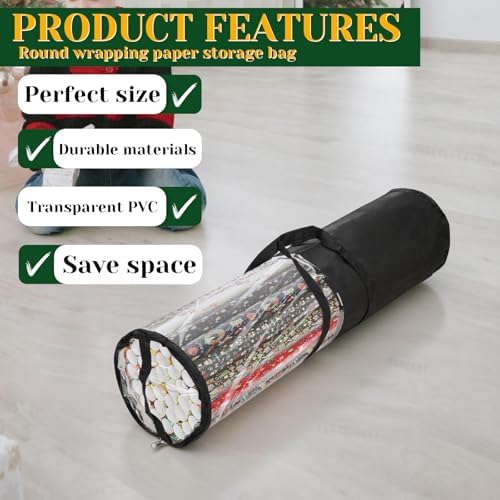 Homakover Clear PVC Christmas Wrapping Paper Organizer Storage, 30" Gift Wrap Organizer Zippered Storage, Fit for 18-25 Rolls (Black) - Image 4