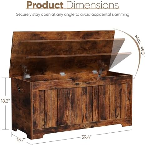 SUPER DEAL Storage Chest, 39 inches Chest Box Organizer with 2 Safety Hinges, Wooden Entryway Shoe Organizer Storage Bench, Rustic Brown - Image 6