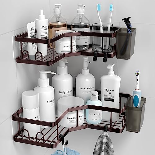 AKTECKE Shower Caddy Corner Organizer: 2Pack Adhesive Shower Shelf Essentials - No Drilling Stainless Steel Bathroom Storage Rack with Hooks and Toothpaste Holder - Image 3