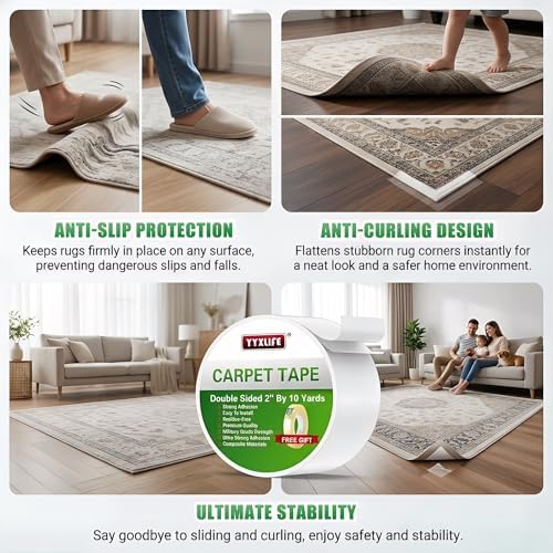 YYXLIFE Double Sided Carpet Tape for Area Rugs & Hardwood Floors, 2" x10YD - Image 5