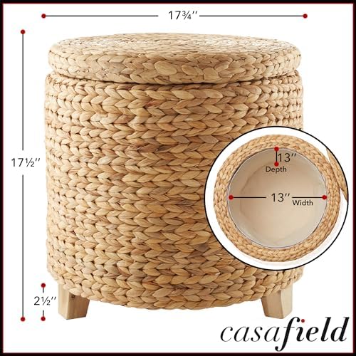 Casafield 17" Round Storage Ottoman with Lid - Natural, Handwoven Water Hyacinth Footstool for Living Room, Bedroom, Bathroom, Home Office - Image 3