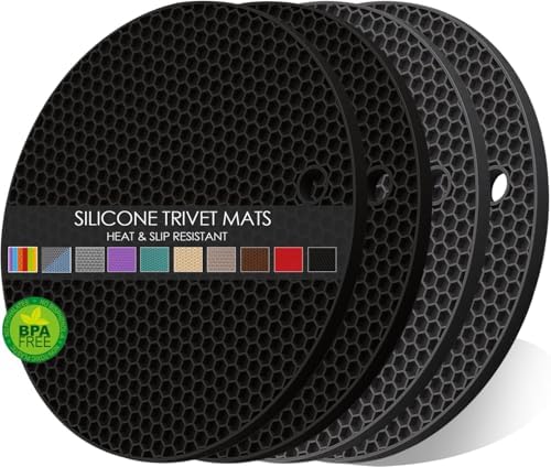 4 Pack Silicone Trivets for Hot Pots and Pans, Pot Holders Hot Pads, Non-Slip & Heat Resistant Silicone Mats for Kitchen Counter, Soft Durable Drying Mat, Jar Opener and Coasters (2 Black+2 Dark Grey) by QPIXDIGITAL