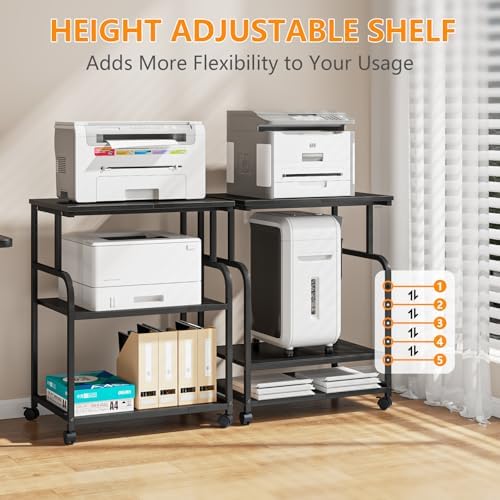 3-Tier Adjustable Large Printer Stand with Storage, Rolling Printer Cart with Lockable Wheels for Home, Office (Black) - Image 2