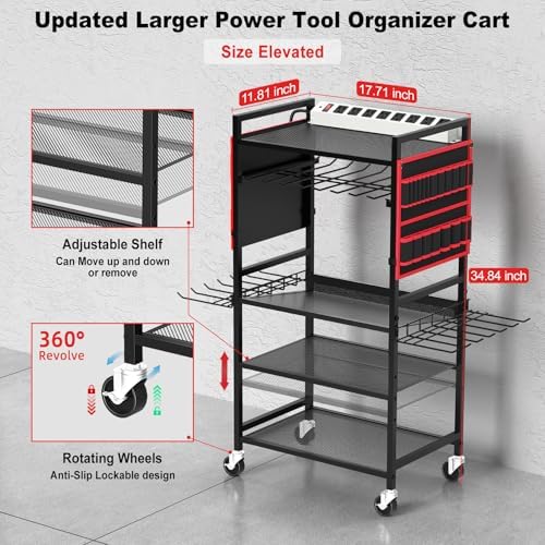 JUNNUJ Garage Large Power Tool Organizer Cart with 20A Charing Station, Heavy Duty Drill and Tools Battery Holder Storage Rack, Floor Standing Rolling Tool Cart on Wheels, Red - Image 5