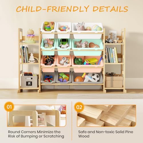 EXPERLAM Extra Large Toy Storage - Toy Storage Organizer, Wooden Toy Organizer with 6 Side Shelves and 12 Bins, 3-in-1 Bookshelf for Kids Rooms, Playroom, Nursery, Multi Color - Image 5