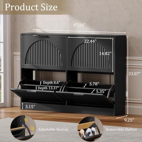 Fluted Shoe Storage Cabinet for Entryway, 4 Flip Drawers, Black - Image 2