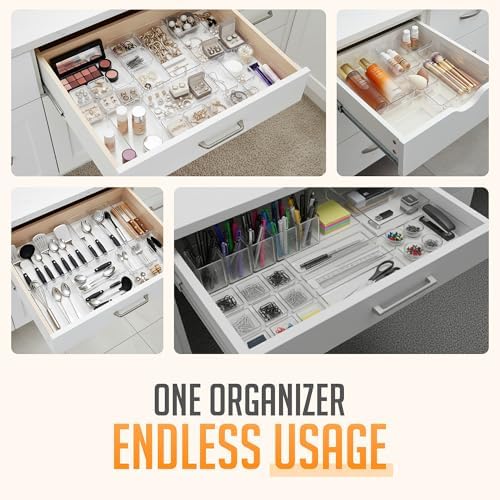 Masirs Clear Drawer Organizers Set 25 PCS – Plastic Storage Bins for Desk, Kitchen, Bathroom, Vanity – Modular, Stackable, Non-Slip Drawer Organizer Trays for Makeup, Utensils, Office Supplies - Image 7