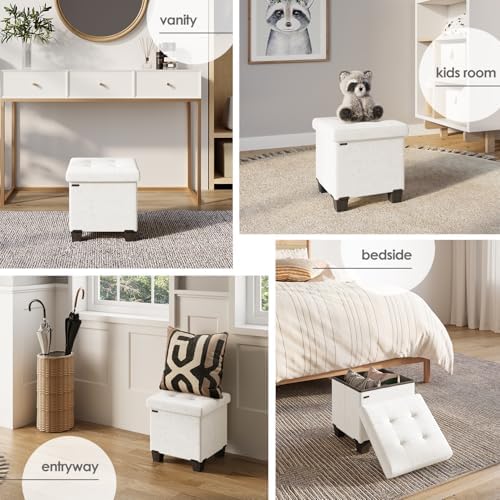 Storage Ottoman Cube with Small Bin, 15-in Square Ottoman with Storage for Living Room and Bedroom, Small Ottomans Foot Rest, Velvet Foot Stools Ottomans Max 330lbs, Cream - Image 5