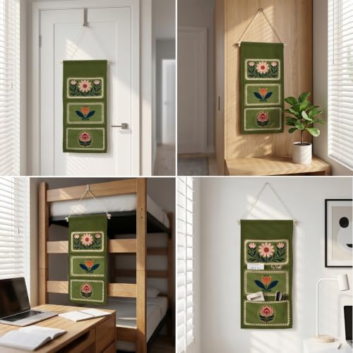 IAXIC Folk Dot Floral Border Canvas Wall Hanging Organizer with Pockets - Image 5