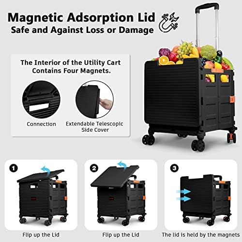 Foldable Utility Cart Collapsible Portable Crate Rolling Carts with Wheels Tote Basket with Magnetic Lid Telescopic Cover Wear-Resistant 360°Rotate Wheel Noiseless for Shopping Storage Office Use - Image 2