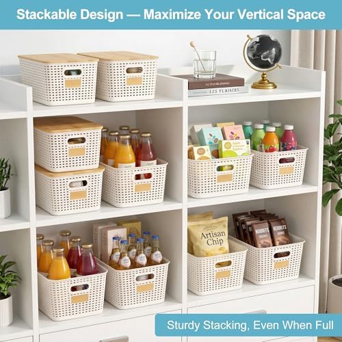 Bagnizer 2 Pack Tall Plastic Storage Bins with Bamboo Lids, 10.8qt Stackable Storages Baskets for Organizing Desktop Closet Playroom Classroom Office, 12"L x 8.3"W x 6.1"H, Cream White - Image 5