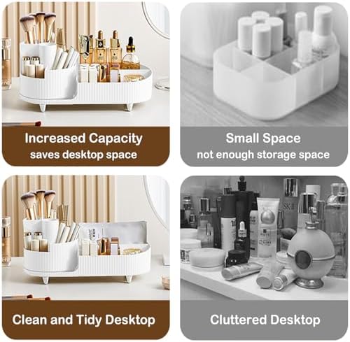 Rotating Vanity Organizer with Brush Holder, Large Spinning Makeup Skincare & Cosmetic Organizer, Countertop Perfume & Lotions Display Case (White) - Image 4