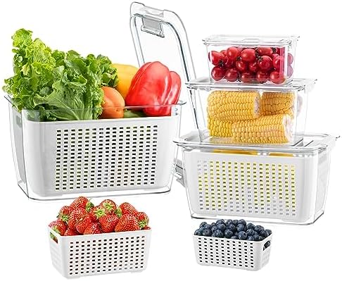 LUXEAR 4 Pack Fruit Vegetable Containers for Fridge, Produce Saver Container with Lids &Removable Colander BPA-free Refrigerator Storage Organizer for Fruit Vegetable, Berry, Meat keep Fresh Longer by Luxear