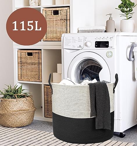 21" x 18"Extra Large storage baskets,Eco-friendly rope baskets with lid,blanket basket living room with lid,hampers for bedroom,big,round, Black 115L - Image 2