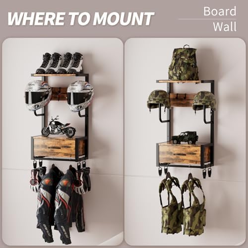 Motorcycle Helmet Holder Wall Mounted, Helmet Holder Wall Mount with Helmets Rack and Hooks for for 6 Helmets, Riding Suits & Accessories, Sturdy Construction Storage Organizer for Entryway or Garage - Image 4