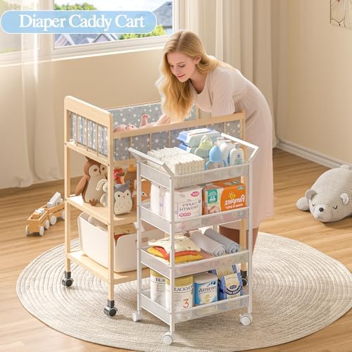 Baby Diaper Caddy Cart, 4-Tier Diaper Caddy Organizer and Storage, Rolling Utility Cart for Baby Supplies, Diaper Cart with Wheels for Bedroom, Nursery, Changing Table, White - Image 4