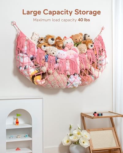 Boho Stuffed Animal Hammock, Falt Wall or Corner Hanging, Pink, XL - Image 2