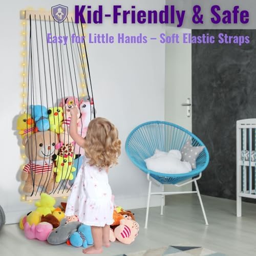 Stuffed Animal Storage Wood Soft Toy Storage for Kids Room，Wall Mount Door Hanging Stuffed Animal Toy Organizer Shelf for Nursery Play Room White with LED Coil -Patent - Image 4