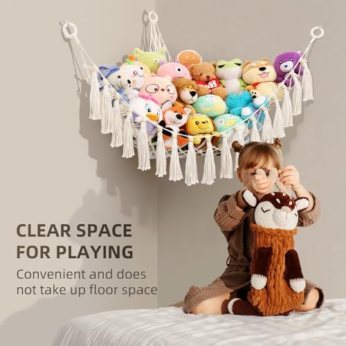 Stuffed Animal Hammock Net, Toy Storage For Stuffy, Plushie Net Wall Hanging Organizer Corner Holderwith Tassels Hooks For Kids Bedroom Nursery Room - Image 2