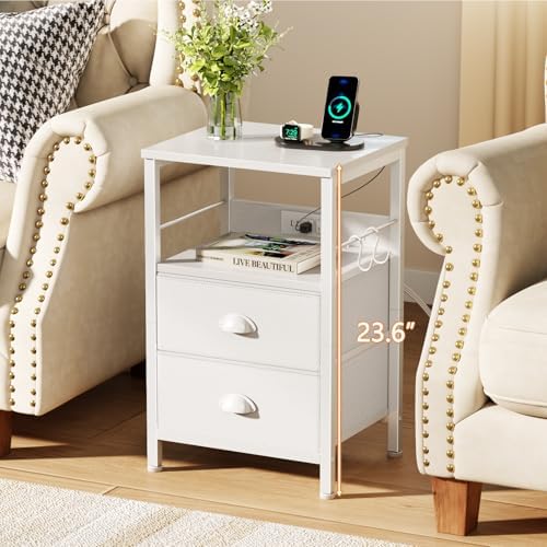 Furologee Night Stand with Charging Station, 2 Fabric Drawers, White - Image 4