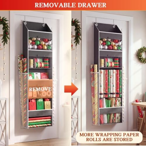 Over Door Wrapping Paper Organizer Storage with 3 Removable Drawers & Side Pockets – Dual Use Design with Elastic Straps – Christmas Gift Wrap Storage for Ribbons, Bows, Ornament and Other Tools 1Pack - Image 4