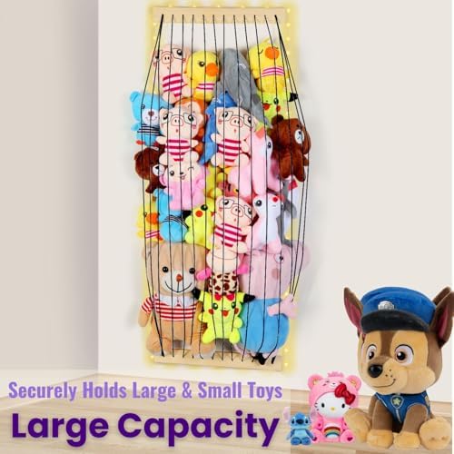Stuffed Animal Storage Wood Soft Toy Storage for Kids Room，Wall Mount Door Hanging Stuffed Animal Toy Organizer Shelf for Nursery Play Room White with LED Coil -Patent - Image 3