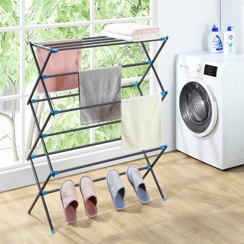 APEXCHASER Clothes Drying Rack, Foldable 2-Level Drying Rack Clothing, Stainless Steel Free-Standing Laundry Airer, with Height-Adjustable 4 Wings, Matte Black - Image 2