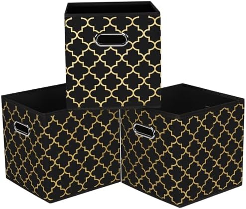 Black Foldable Storage Cubes Bins, Fabric Storage Box Cubes Organizer Baskets with Dual Handles for Home Organizer,Set of 3,(Black Gold) by HEAYEEG
