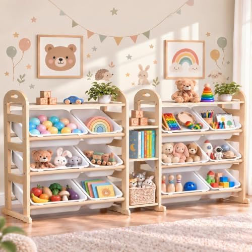 Toy Storage Organizer, 59.6" W White 5-Shelf Bookcase/Bookshelf with 12 Toy Bins, Large Toy Organizers and Storage, Toy Box for Playrooms, Bedrooms Organization by Orekemo