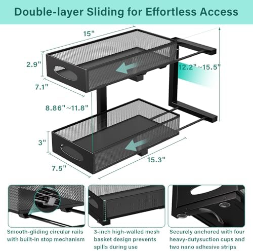 Under Sink Organizer, 1-Pack of 2-Tier Metal Slide Out Pull Out Cabinet Organizer Shelf, Height Adjustable Organization and Storage Series, Bathroom/Desktop/Cabinet/Kitchen organization, Black - Image 2