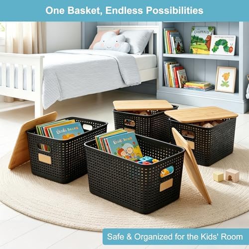 Bagnizer 2 Pack Tall Plastic Storage Bins with Bamboo Lids, 10.8qt Stackable Storages Baskets for Organizing Desktop Closet Playroom Classroom Office, 12"L x 8.3"W x 6.1"H, Black - Image 6