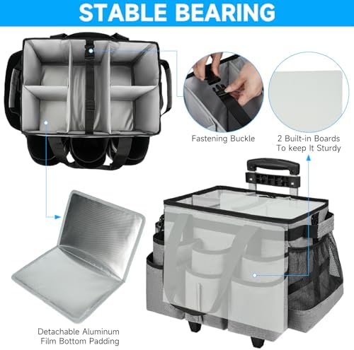Large Rolling Cleaning Caddy Bag with Detachable Trolley,Cleaning Cart on Wheels with Shoulder Strap,Cleaning Supplies Organizer for Housekeepers,Gray - Image 2