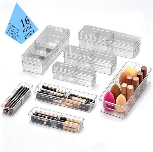BLULEE Bathroom Drawer Organizer Trays,Clear Makeup Bins,16 Pack by BLULEE