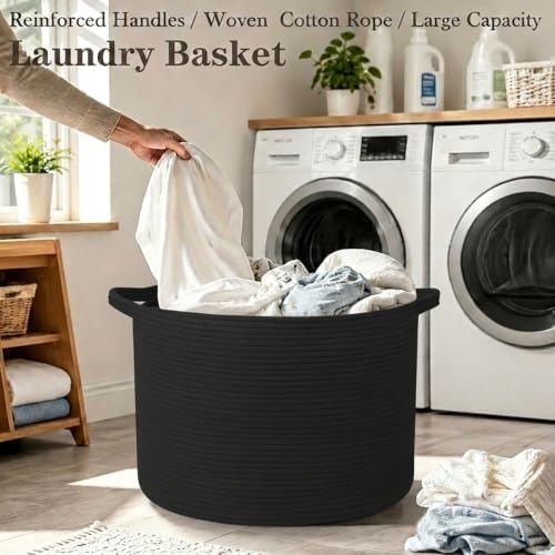 65L Large Blanket Basket,Woven Rope Laundry Basket-Black - Image 5