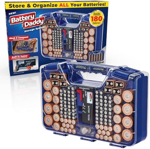 Battery Daddy Storage & Organizer Case with Tester, Stores & Protects Up to 180 Batteries, Double-Sided, Clear Locking Lid, Secure Latches & Portable Carrying Handle - Blue (Batteries Not Included) by Ontel