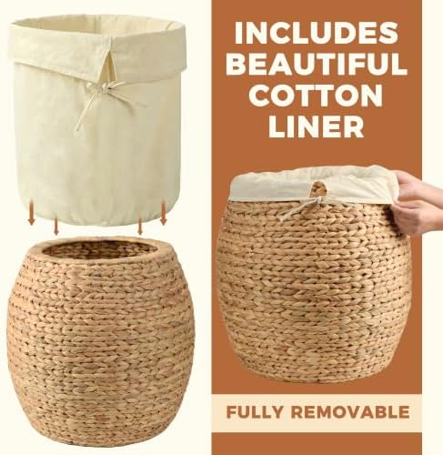 Storage Standard Wicker Basket with Lid Decorative Storage - Large Blanket Basket for Living Room, Plants, Organization, Handwoven Water Hyacinth Material w/Removable Cotton Liner & Tall Round Design - Image 4