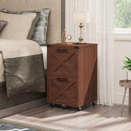 Halitaa Farmhouse 2 Drawer Small File Cabinet with Wheels, Walnut - Image 4