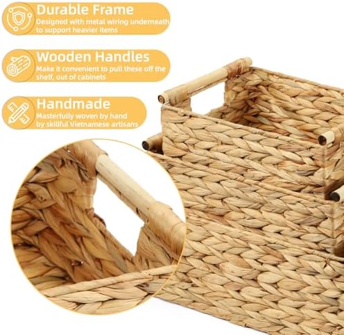 Wicker Storage Baskets for Organizing 3 Pack,Natural Water Hyacinth Ratten Baskets with Wooden Handles, Decorative Handwoven Storage Baskets for Shelves, Bathroom, Pantry or Kitchen - Image 3