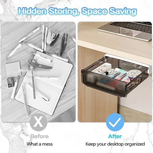OSPNIEEK Self-adhesive Under Desk Drawer Organizer, 2 Pack Table Hidden Slide Out Large Storage Mounted Desktop Pencil Holder Tray Drawers for Office Home School Stationery Kitchen (Large, Black) - Image 5